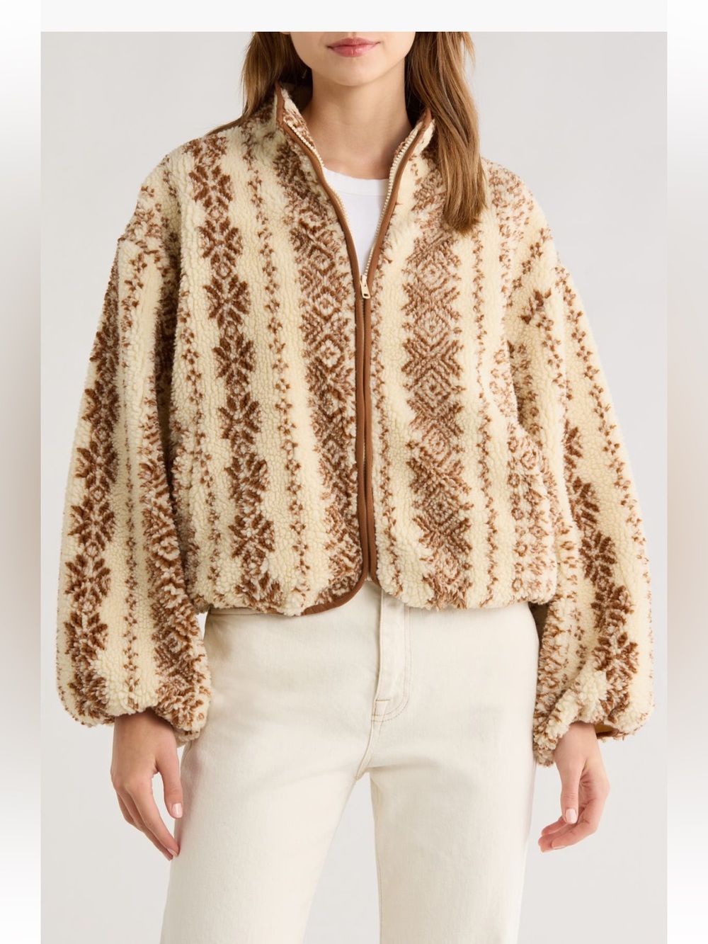 All in Favor | Cream Brown Geo Print High Pile Fleece Sherpa Zip Jacket (LARGE)